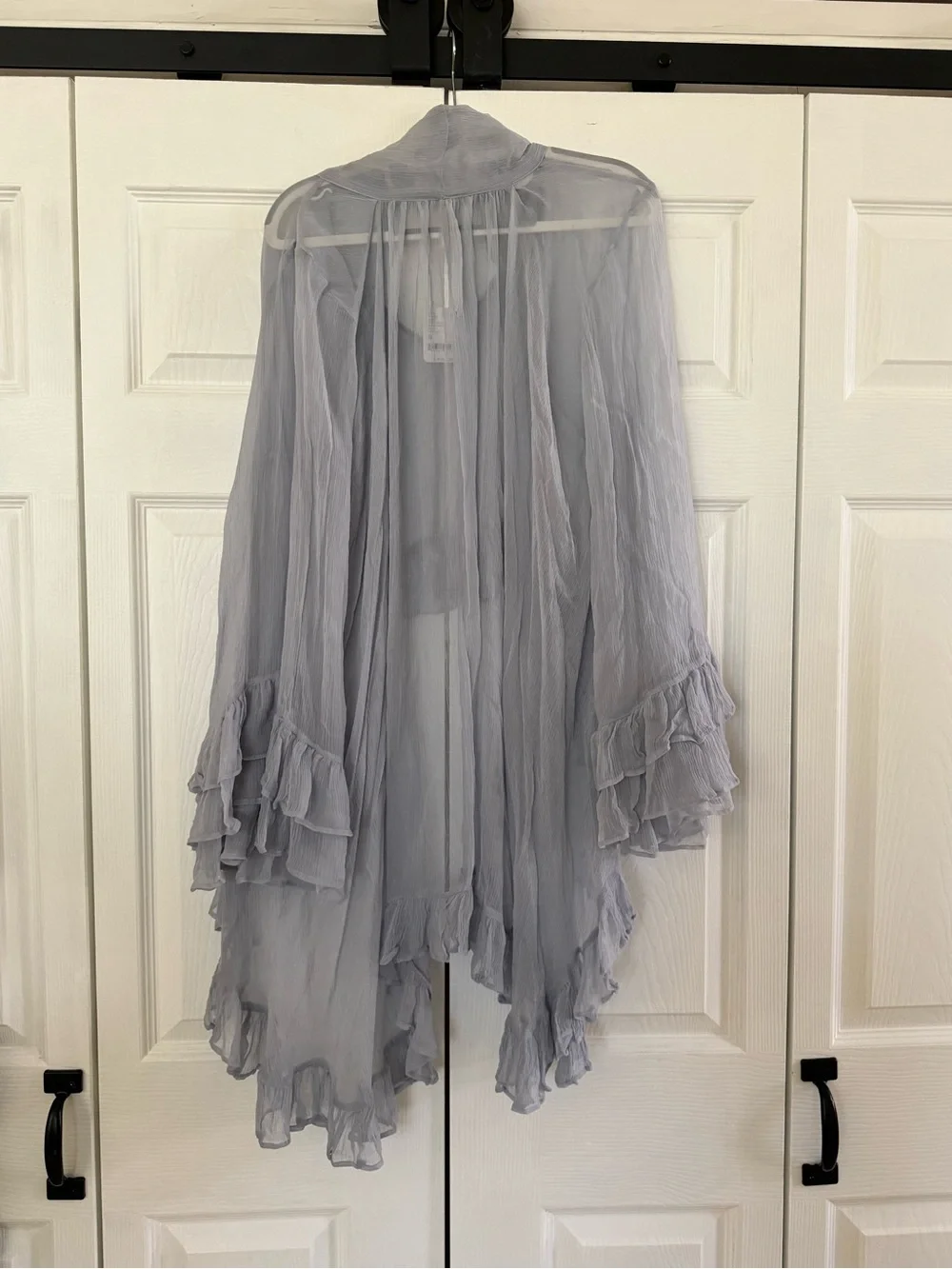 Free People Full Sleeve Frill Top Gray Dawn Light Grey Sheer Ruffle Festival SZM - Picture 5 of 7